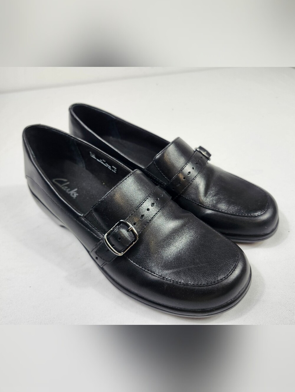 Clarks Women’s 8 M Black Leather Buckle Loafers Flarlts Slip On Shoes
